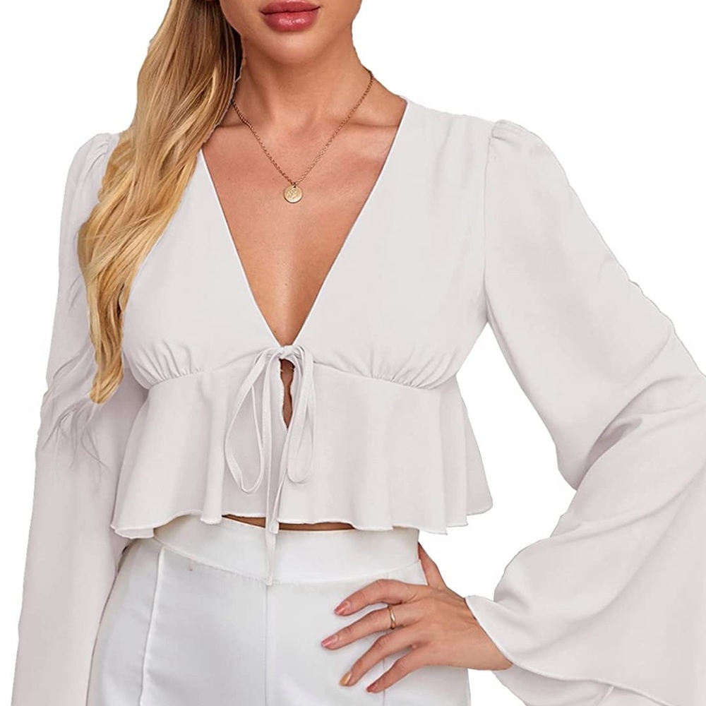 NWT (XS) White Tie Front Bell Sleeve Crop Top Peplum Ruffle Hem Blouse Shirt